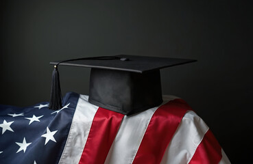 Graduation cap on American flag. Education, patriotism, national pride concept. Degree attainment, academic achievement, celebrate success, new beginning. Graduation ceremony, honor graduate with USA