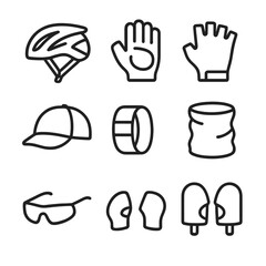 Cycling Gear Icons. Outline icon set of cycling protective gear: bike helmet, cycling gloves, padded gloves, fingerless gloves,