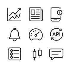 Market Data Icon Set. Outline icon set of market data feeds and alerts: live price tick, news feed icon, push notification, alert