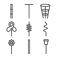 Plant Support Icon Set. Outline icon set of plant support stakes: bamboo cane, tomato T-stake, metal tomato cage, plant clip,