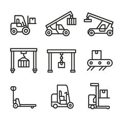 Material Handling Icons. Outline icon set of material handling equipment: forklift, telehandler, reach stacker, container handler,