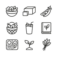 Fototapeta premium Plant-Based Icon Set. Outline icon set of plant-based eating: salad bowl, tofu block, lentil pod, vegetable basket, smoothie glass