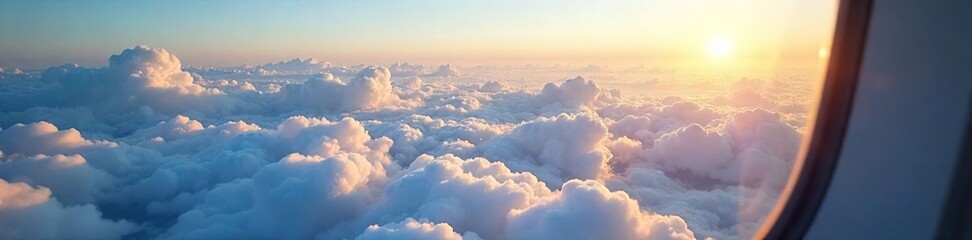 A breathtaking view of fluffy clouds sprawling beneath an airplane window, sunlight illuminating the scene Perfect for travel, aviation, and inspirational themes , stratus clouds, window seat, sunny
