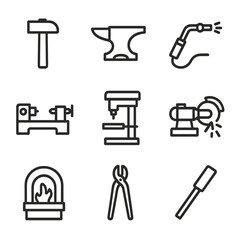 Metalworking Tool Icons. Outline icon set of metalworking tools: hammer, anvil, welding torch, lathe, drill press, grinder, forge,