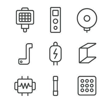 Microwave Repair Icons. Outline icon set of microwave repair: magnetron, control panel, turntable motor, door latch, high-voltage