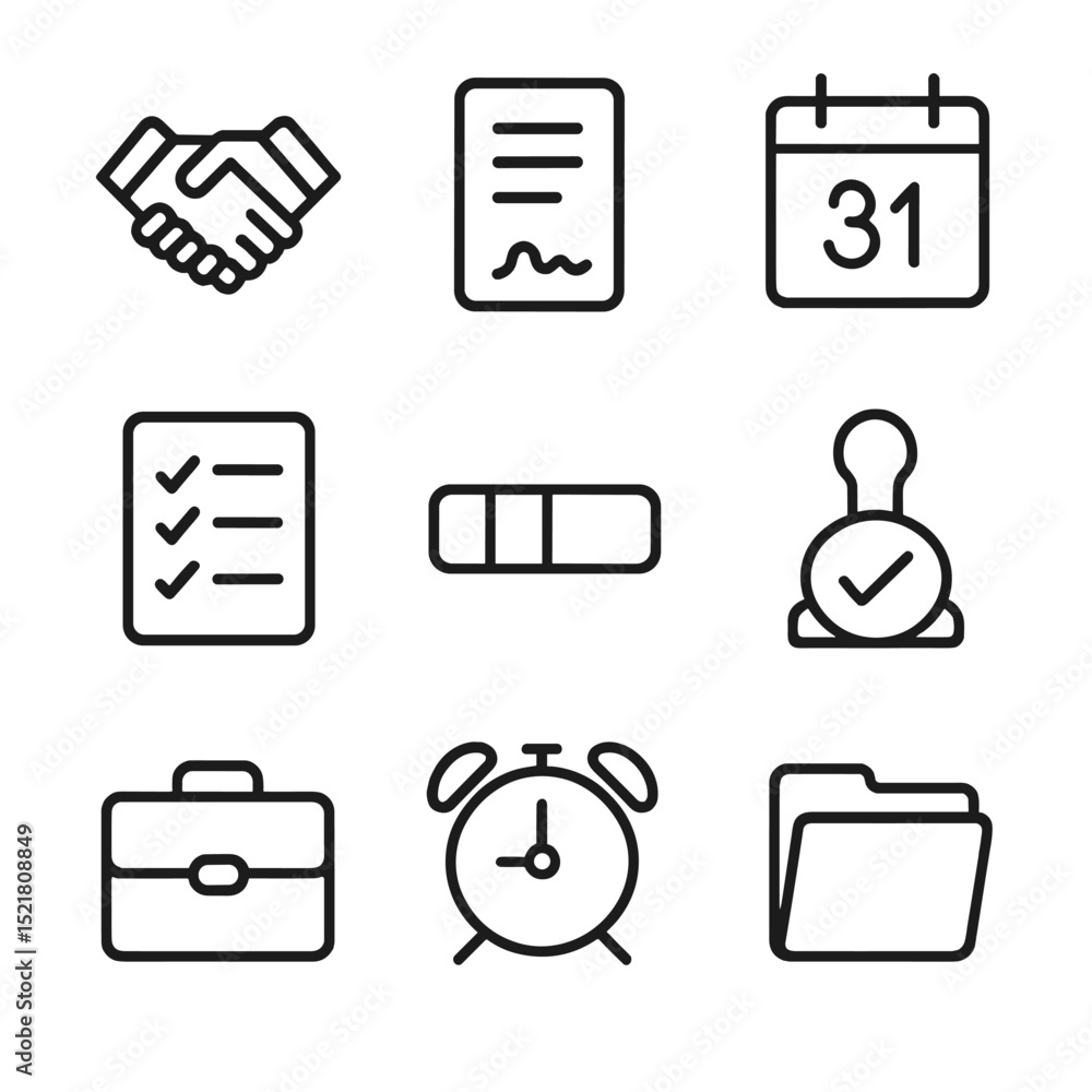 Poster professional icons grid. outline icon set of professional commitments: handshake, signed contract, d