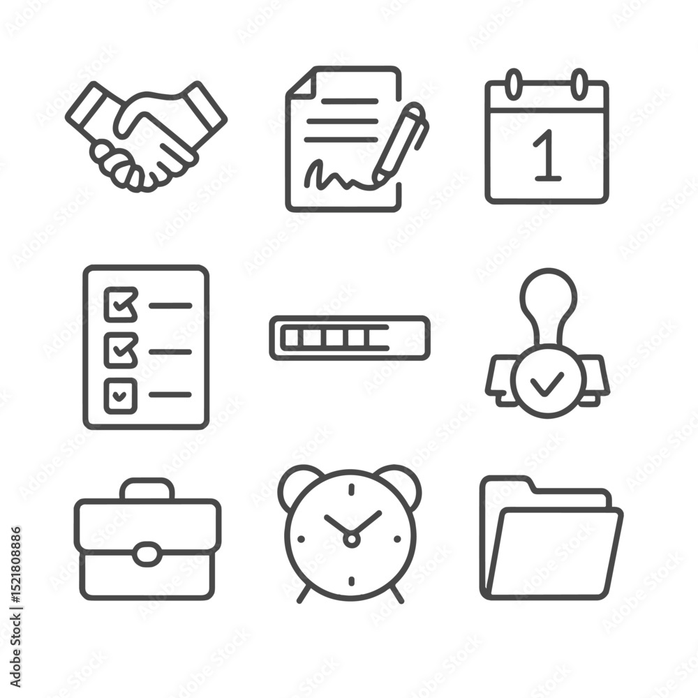 Poster professional icons grid. outline icon set of professional commitments: handshake, signed contract, d