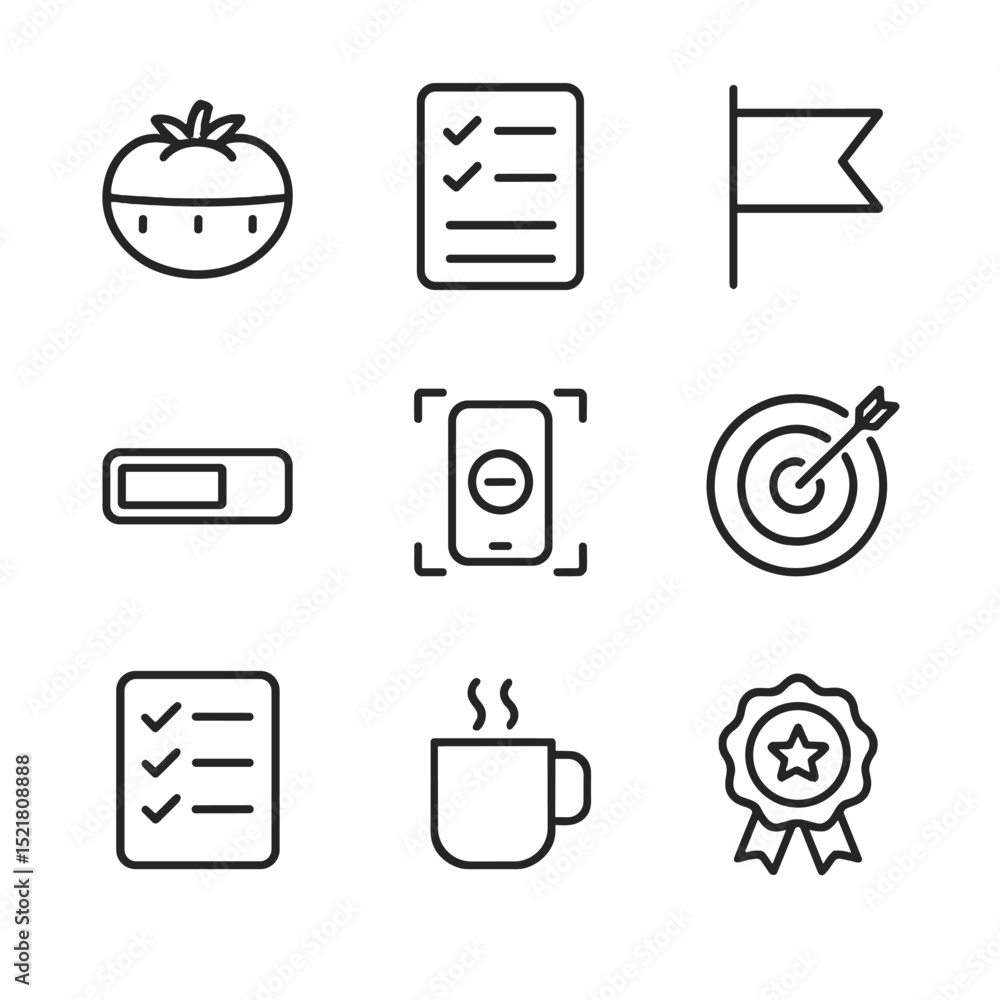 Poster productivity icons grid. outline icon set of productivity and time management: pomodoro timer, to-do