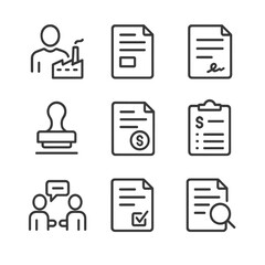 Procurement Process Icons. Outline icon set of procurement flowchart: supplier, purchase order, contract, approval stamp, invoice,