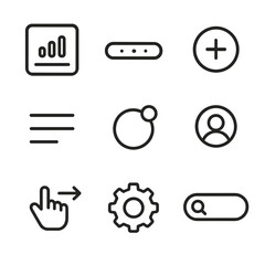 Mobile App Icon Set. Outline icon set of mobile app interface elements: dashboard widget, bottom nav bar, floating action button,