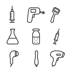 Fototapeta premium Professional Cosmetic Tools Icons. Outline icon set of professional interventions: filler syringe, laser device, microneedle