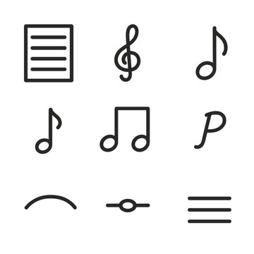 Music Notation Icons. Outline icon set of sheet music notation: staff paper, clef sign, note head, stem, beam, rest symbol,