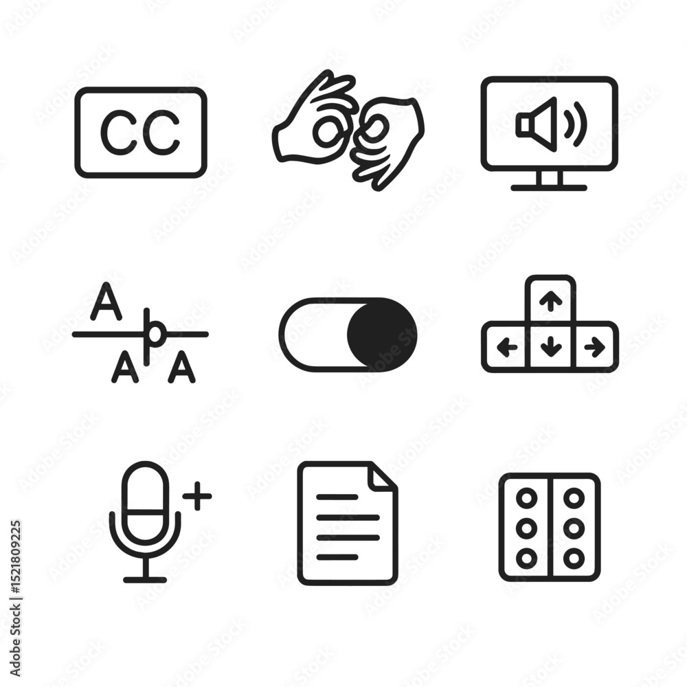 Poster e-learning accessibility icons. outline icon set of accessibility features for e-learning: closed ca