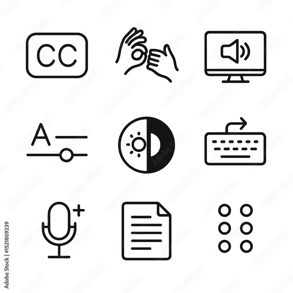 Poster e-learning accessibility icons. outline icon set of accessibility features for e-learning: closed ca