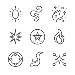 Mystical Energy Icons. Outline icon set of mystical energy signs: glowing aura, swirling mist, floating particles, energy burst,