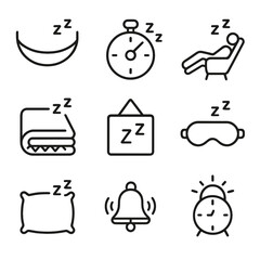 Napping Icon Set. Outline icon set of napping strategies: hammock, power nap timer, reclining chair, blanket, pillow, quiet zone