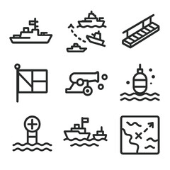 Naval Battle Icons. Outline icon set of naval battle coordination: warship silhouette, battle line, boarding plank, signal flag,