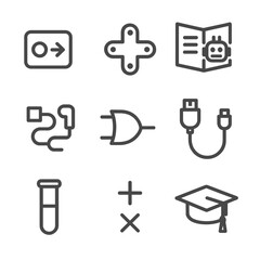Obraz premium Educational Robot Kit Icons. Outline icon set of educational robot kits: coding block, assembly piece, tutorial book, puzzle path,