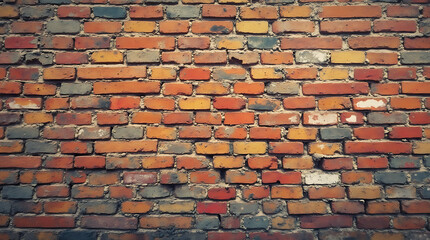 Old weathered red brick wall with textured surface and abstract cement patterns