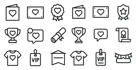Collection of line icons featuring awards, love symbols, and vip badges