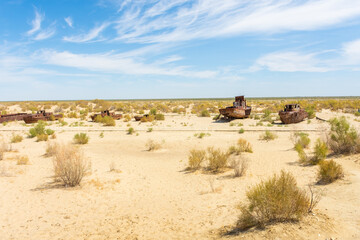 Rusting shipwrecks on what used to be the seabed of the Aral Sea. Moynaq,  Uzbekistan