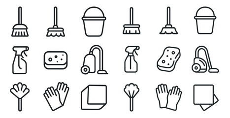 Household cleaning tools and supplies icon set for organization and design