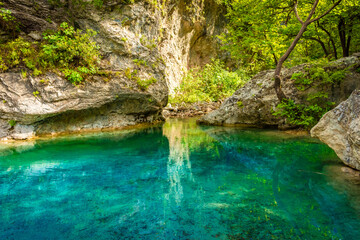 Crystal clear waters of natural springs and lake in the woods of the Mount Olympus,  Greece