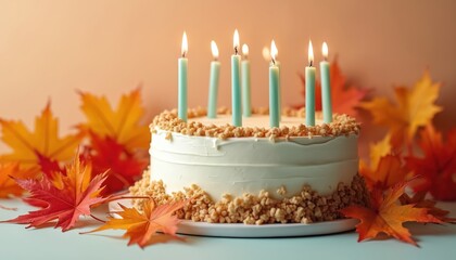 Birthday cake with candles, autumn leaves. Celebration of birthday, holiday, festive event. Sweet dessert with vanilla cream, sugar. Happy memories, delicious food, surprise presentation for family