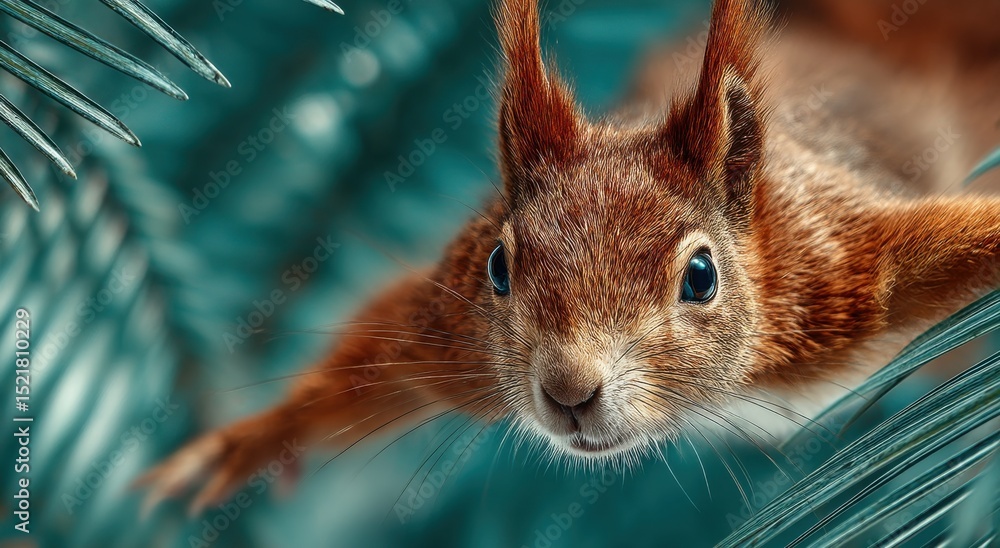 Poster close-up of a red squirrel surrounded by greenery, symbolizing wildlife conservation and environment