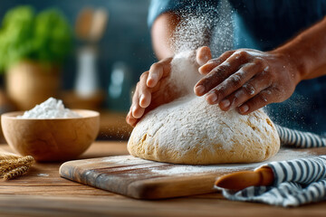 Hands knead dough on wooden board with flour dust in sunlit kitchen. Vintage tone highlights action with negative space. Concept of baking, culinary arts, home cooking