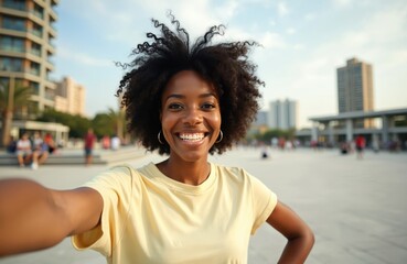 Happy black woman takes selfie smiling in city park. Smiling female with afro hairstyle poses for photo outdoors, enjoying sunny day. Content creator takes profile picture for social media.