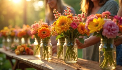 Fototapeta premium People arrange vibrant flower bouquets in garden setting. Workshop scene with colorful bouquets on a wooden table. Florists hands create stunning arrangements in glass jars, perfect decor.