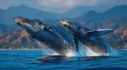 Fototapeta premium Two Humpback Whales Breaching Ocean Surface, Showcasing Marine Wildlife and Environmental Conservation Efforts in Coastal Tourism : Generative AI