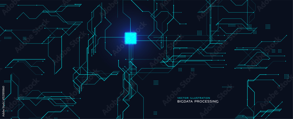 Poster futuristic cyber bg with motherboard and chip, abstract computer engine pattern, modern tech wallpap