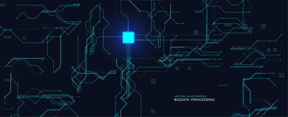 Futuristic cyber BG with motherboard and chip, abstract computer engine pattern, modern tech wallpaper for AI data cover, digital network design, innovation engineering concept. Vector background