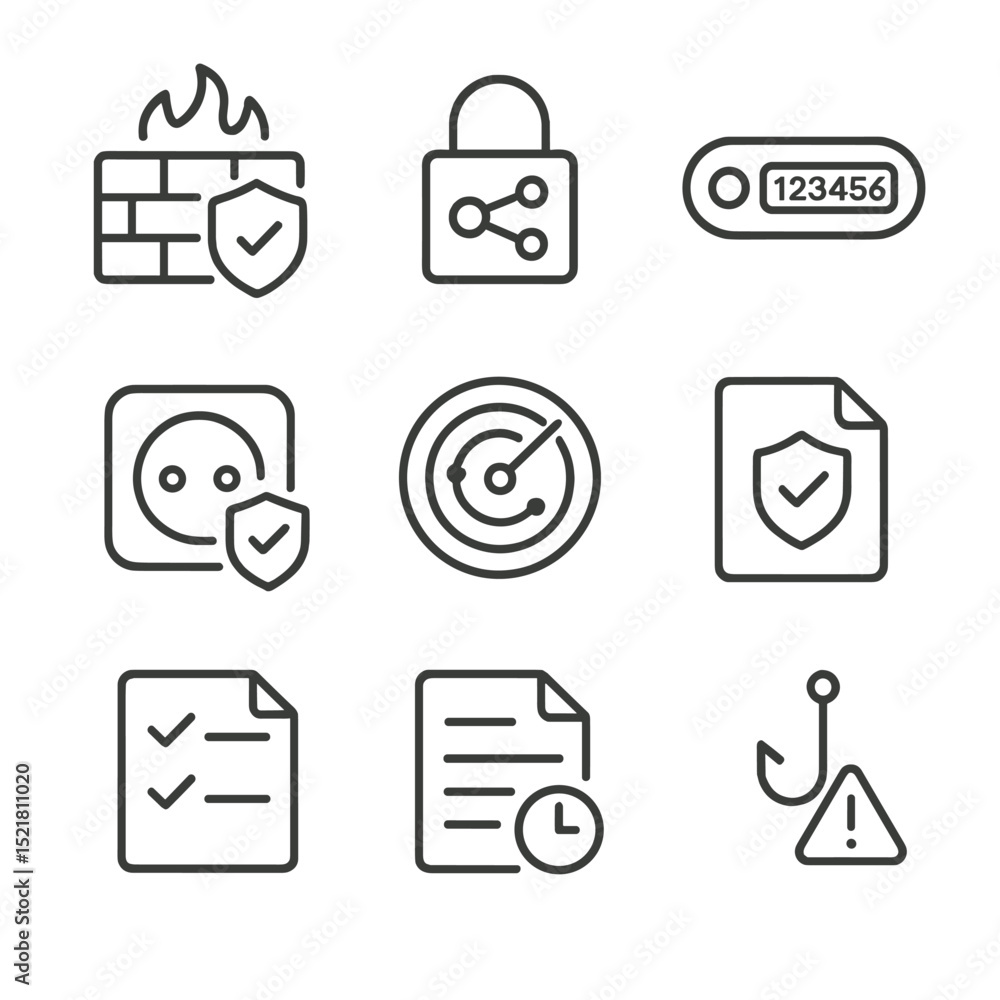 Poster cybersecurity icon set. outline icon set of cybersecurity and compliance: firewall shield, encryptio