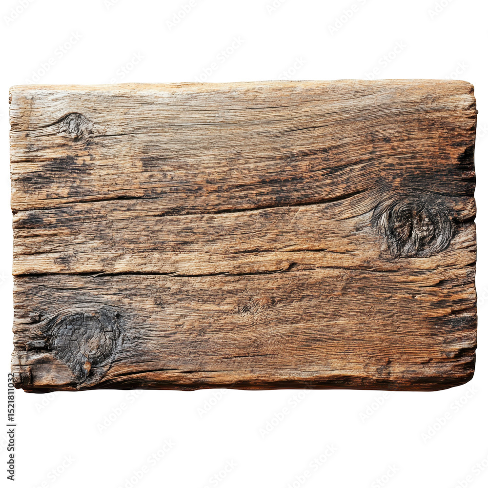 Poster weathered wooden plank with rustic texture displayed on white background for use in design and const