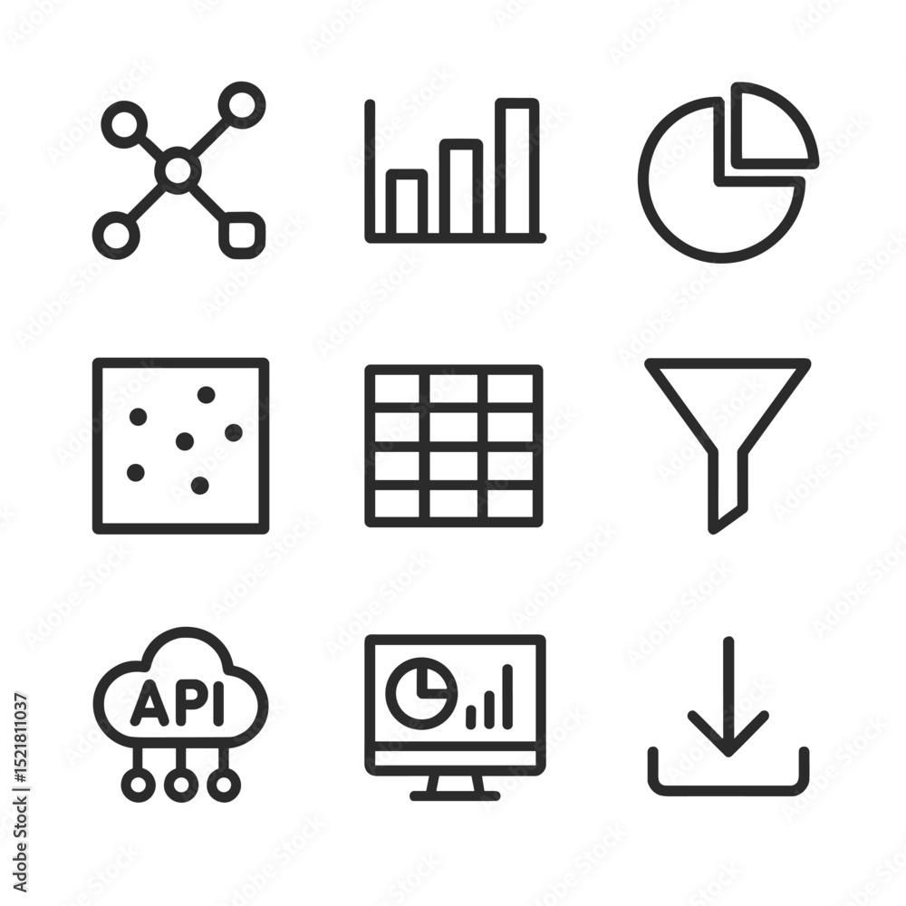 Aufkleber data visualization icons. outline icon set of open data visualization: network nodes, bar chart, pie