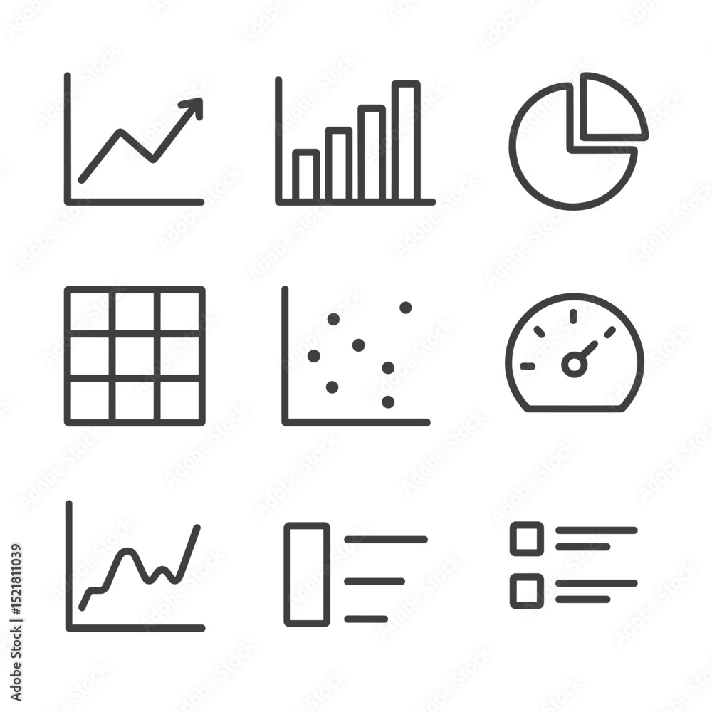 Aufkleber data visualization icons. outline icon set of data visualization widgets: line chart, bar graph, pie