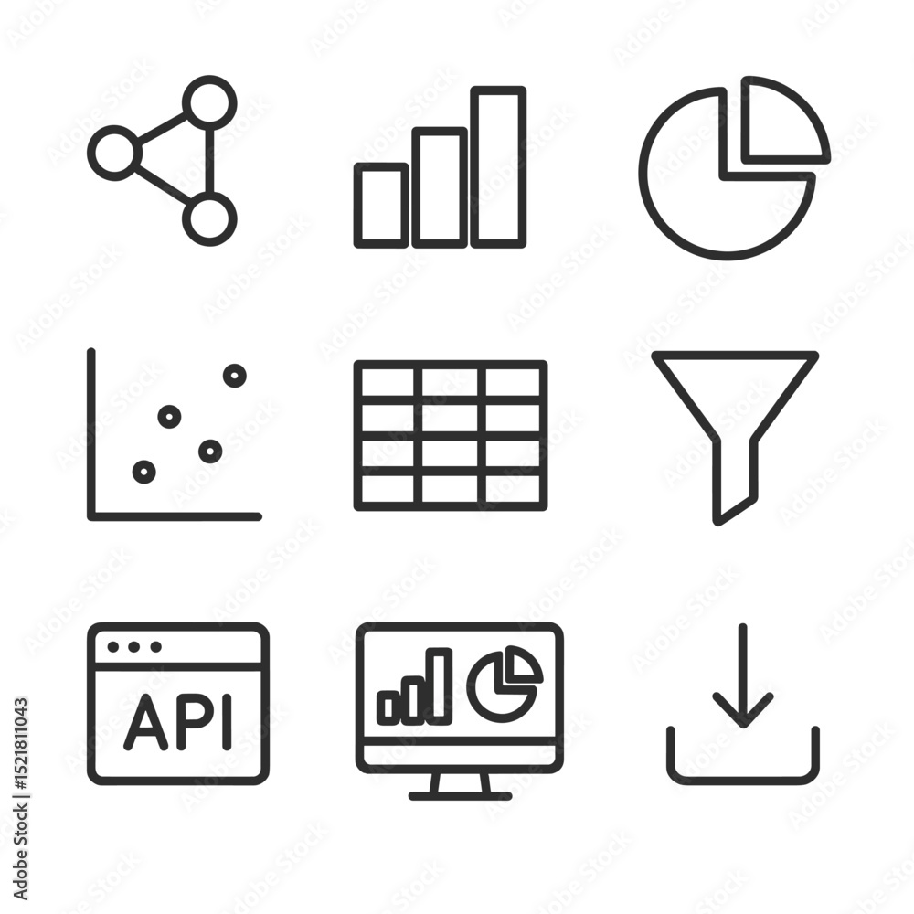 Aufkleber data visualization icons. outline icon set of open data visualization: network nodes, bar chart, pie