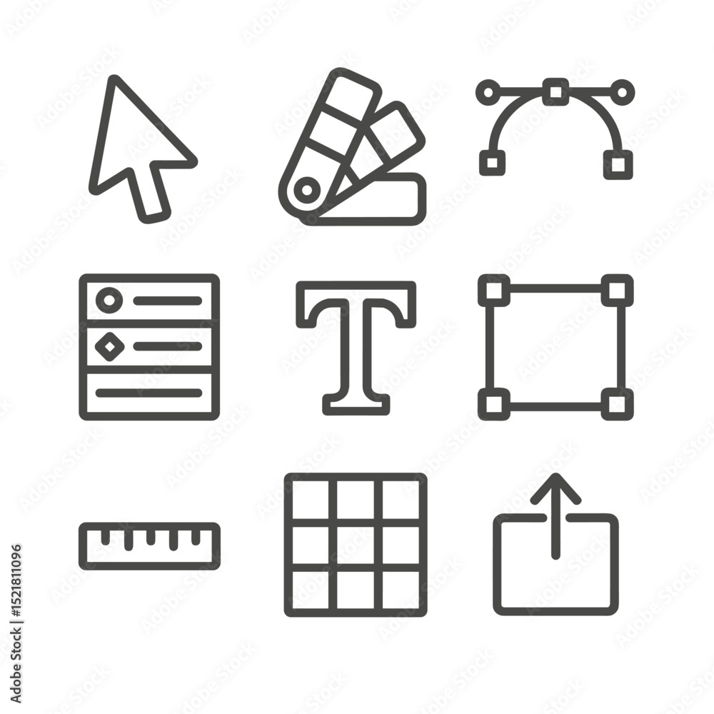Poster designer workspace icons. outline icon set of graphic designer workspace: pen tool cursor, color pal