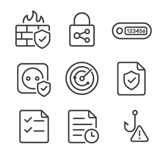 Cybersecurity Icon Set. Outline icon set of cybersecurity and compliance: firewall shield, encryption lock, two-factor auth token,