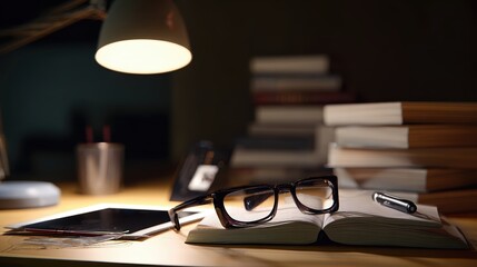 Black reading glasses rest on an open book surrounded by stacks of books. A desk lamp casts a warm glow, enhancing a focused study environment with a tablet nearby