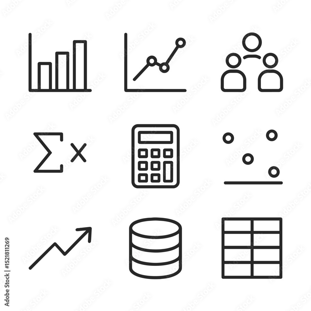 Poster population data icons. outline icon set of population modeling: bar chart, line graph, population ic