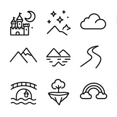 Dreamy Landscape Icons. Outline icon set of dreamy landscapes: moonlit castle, starlit sky, silver cloud, mountain silhouette,