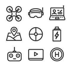 Drone Operations Icon Set. Outline icon set of drone and UAV operations: quadcopter, FPV goggles, ground control station, GPS