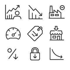 Economic Indicators Icons. Outline icon set of economic downturn indicators: rising unemployment graph, GDP decline arrow, factory