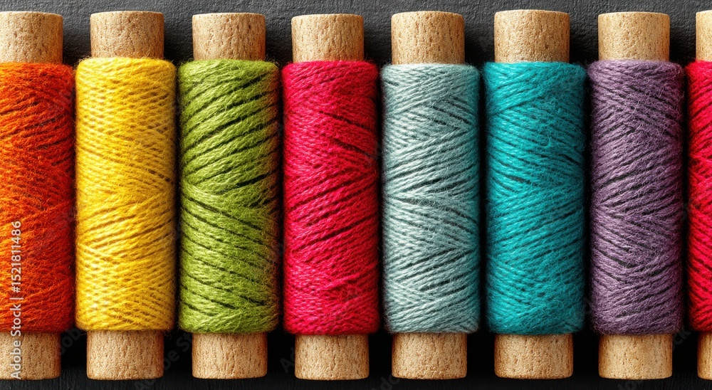 Poster colorful spools of thread in a row, representing craftsmanship and creative expression for tailoring