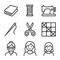 Fototapeta premium Family Sewing Icons. Outline icon set of family sewing day: fabric, thread, sewing machine, needle, scissors, quilting,