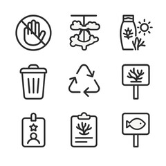 Reef Conservation Icons. Outline icon set of reef conservation awareness: no-touch hand, coral restoration fragment, reef-safe
